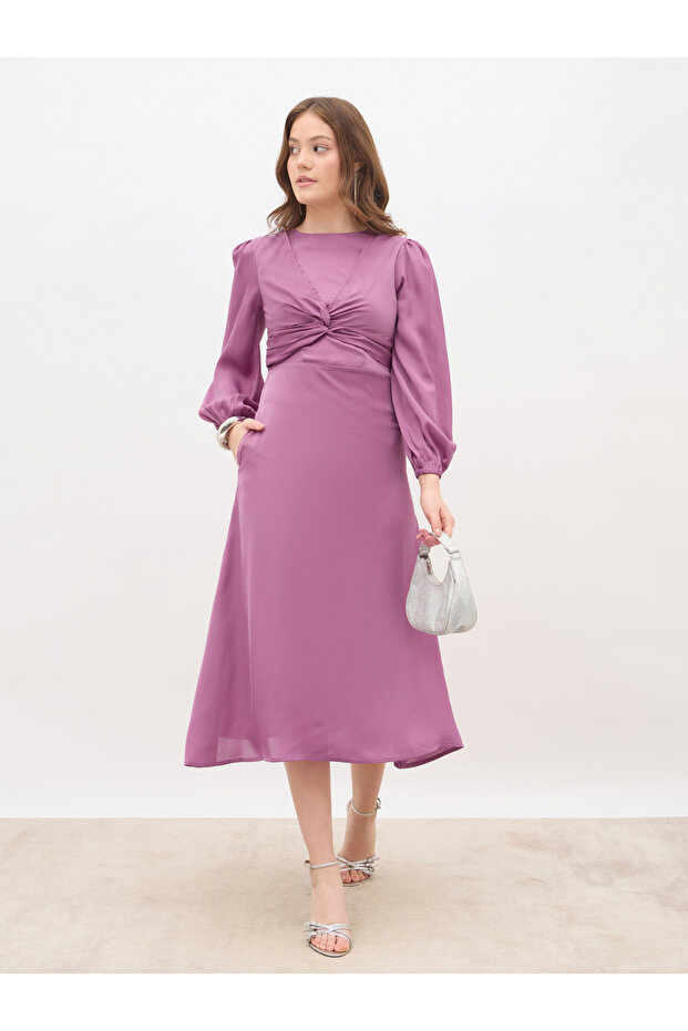 Women Pink Plain Satin Knot Front Balloon Sleeves A-Line Midi Dress