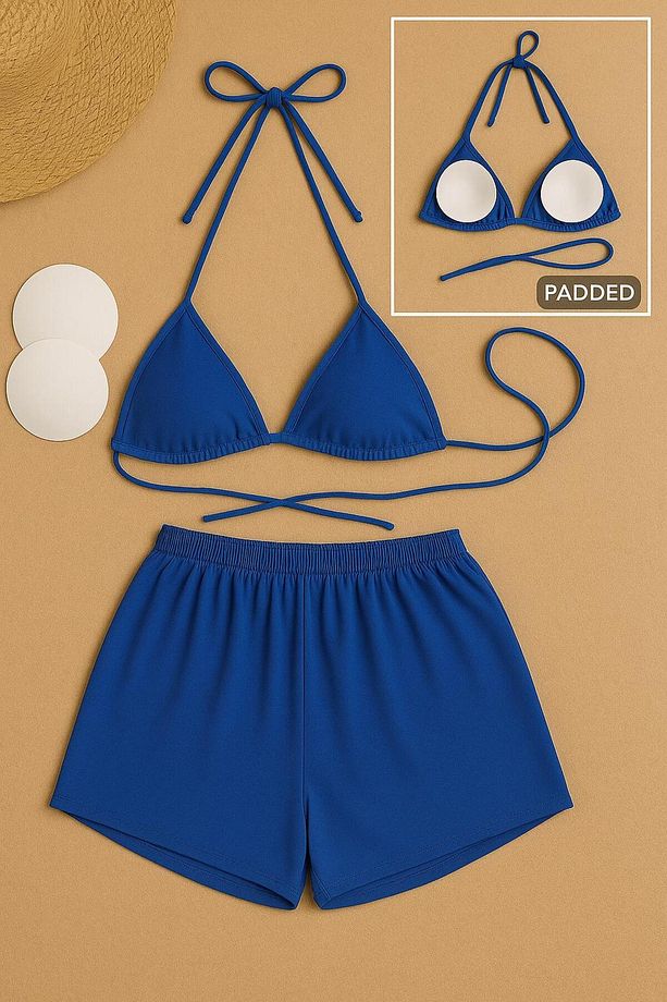 Kadın 2li Mavi Ve Sarı Yandan Ve Boyundan Şort Bağlamalı Tangalı Üçgen Bikini Gecelik Deniz Takımı - 6
