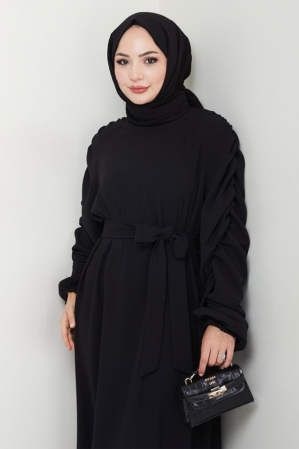 Krep Lastikli Siyah Elbise - 4