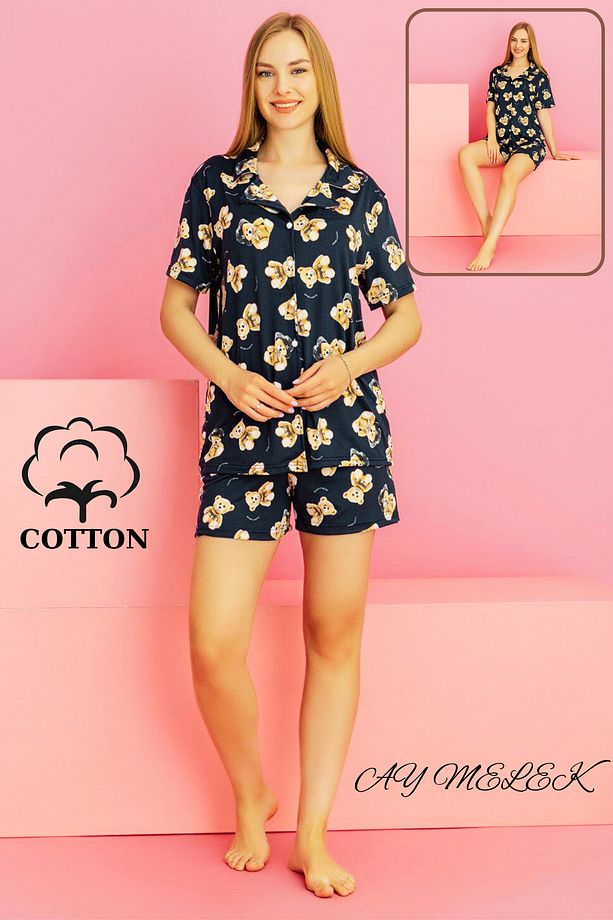 Kadın Pijama Takımı %100 Pamuklu Şort ve Pijama Seti - 5
