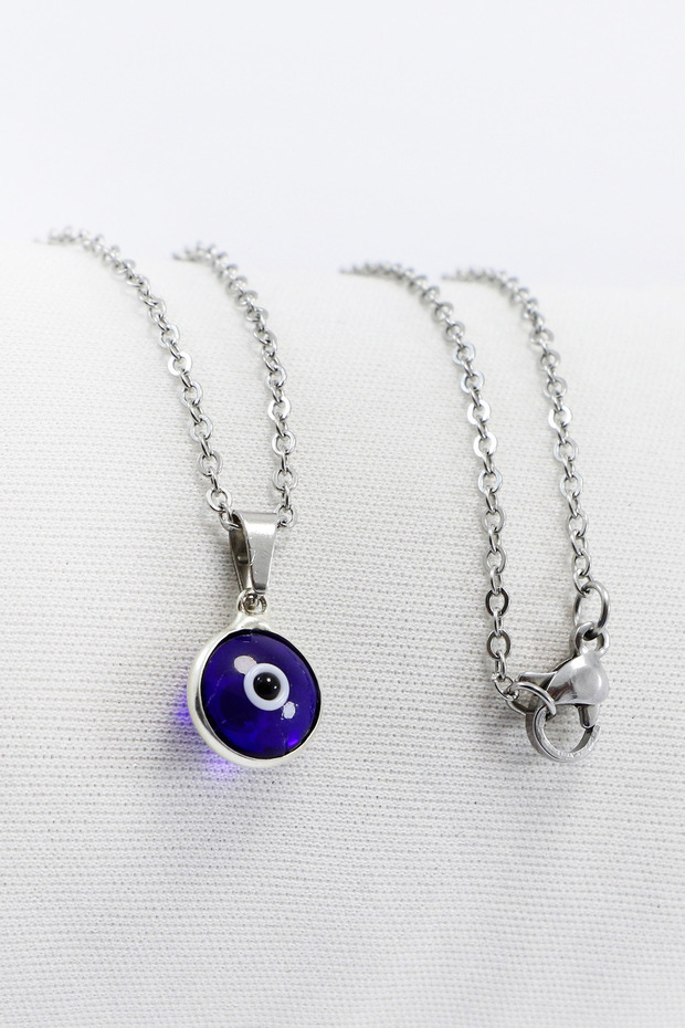 Rimmed Dark Navy Blue Evil Eye Beaded Bijoux Necklace (Steel Chain 60 cm), Silver Color