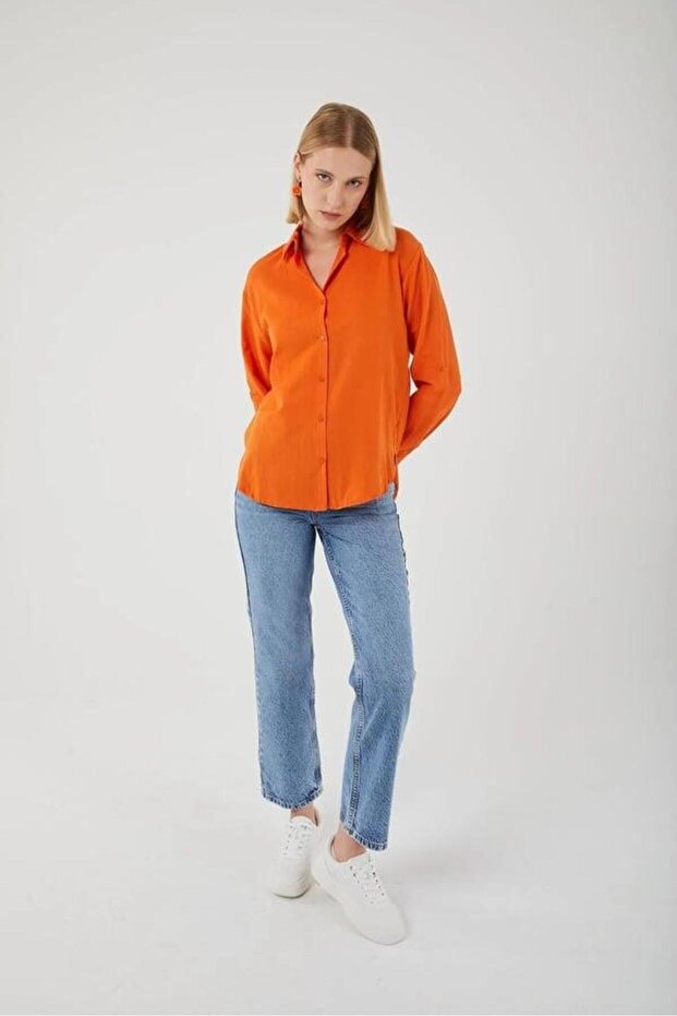 4162 Kadın Uzun Basıc Gömlek Turuncu - 3