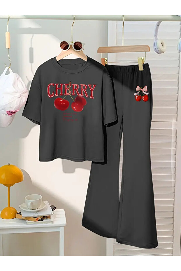 Children's Cherry Printed T-Shirt Spanish Leg Tracksuit Set
