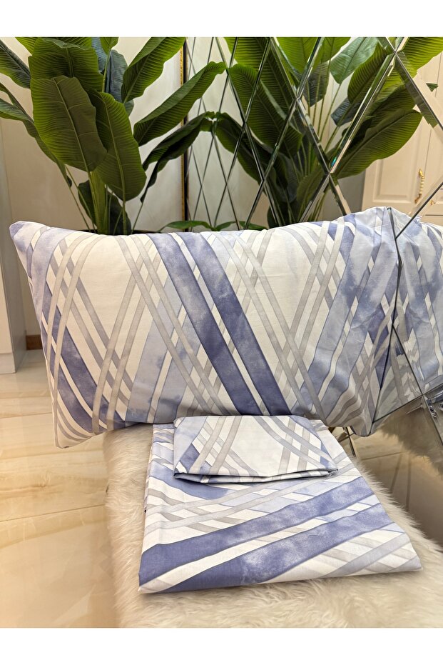 Patterned Single 100% Cotton Elasticless Sheet and Pillowcase Set - 1