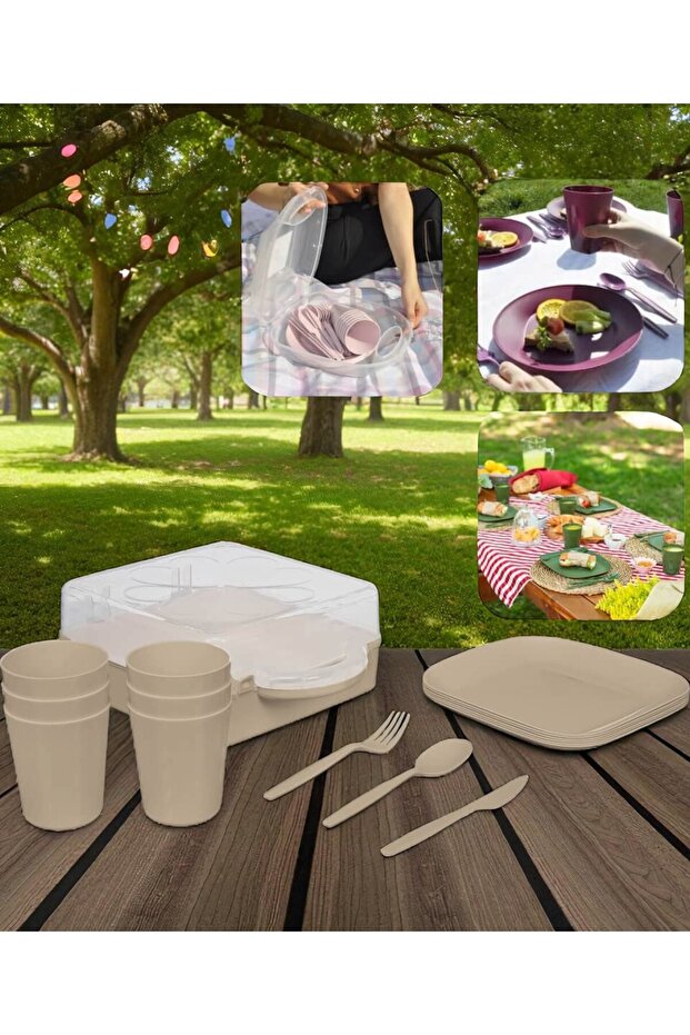6 People Picnic Dish Cup Fork Knife Set Plastic Carry Boxed Cream Color Camping Set