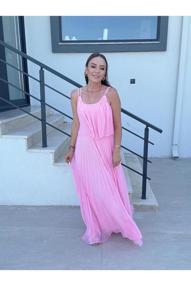 Piliseli Şifon Elbise PEMBE - 1