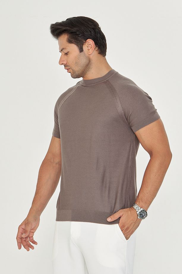 İnce Yazlık Soft Pamuklu Bisiklet Yaka Triko Tshirt - Vizon | Mes511597-01 - 3
