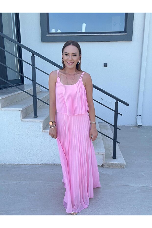 Piliseli Şifon Elbise PEMBE - 2