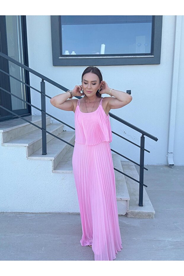 Piliseli Şifon Elbise PEMBE - 4