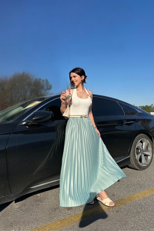 Women's Water Green Elastic Waist Plain Pleated Maxi Length Skirt