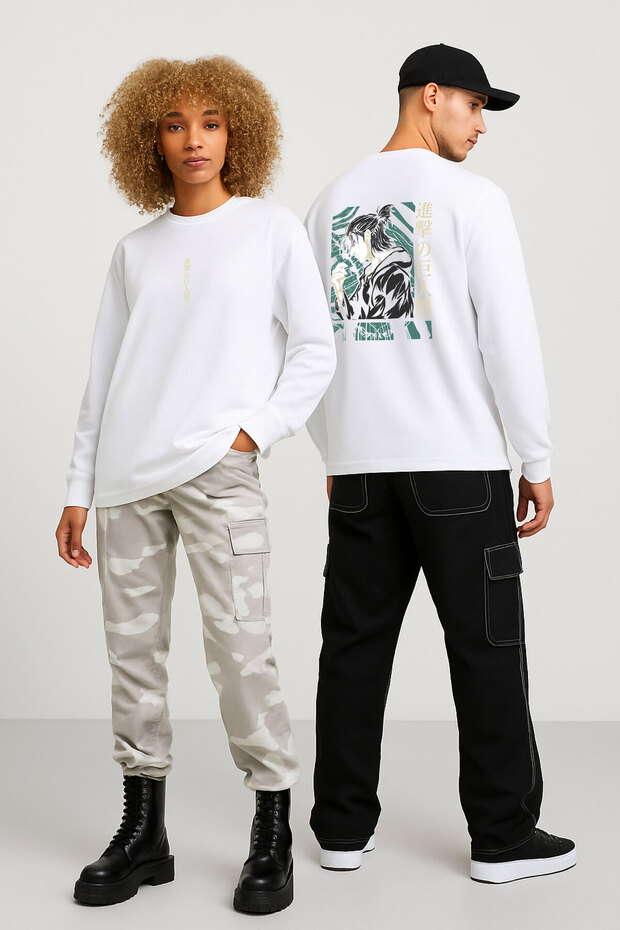 Lenithra Attack on Titan Eren Anime Back Printed Unisex Oversize White Sweatshirt