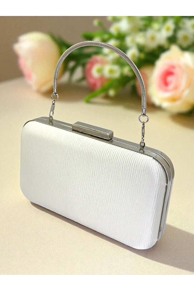 Ecru Color Waterway Patterned Satin Women's Evening Dress Bag