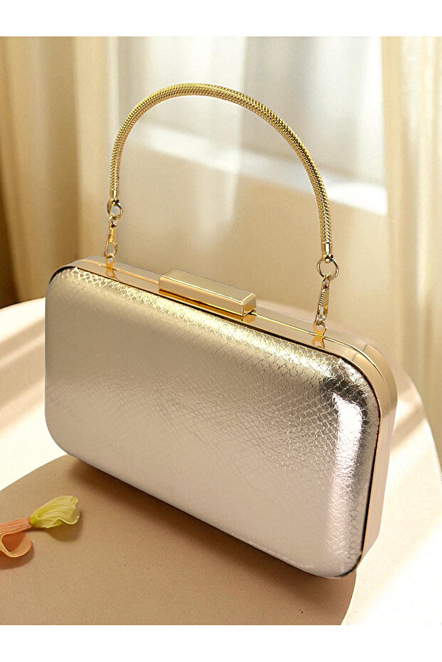 Rosegold Color Snake Pattern Shiny Leather Women's Evening Dress Bag