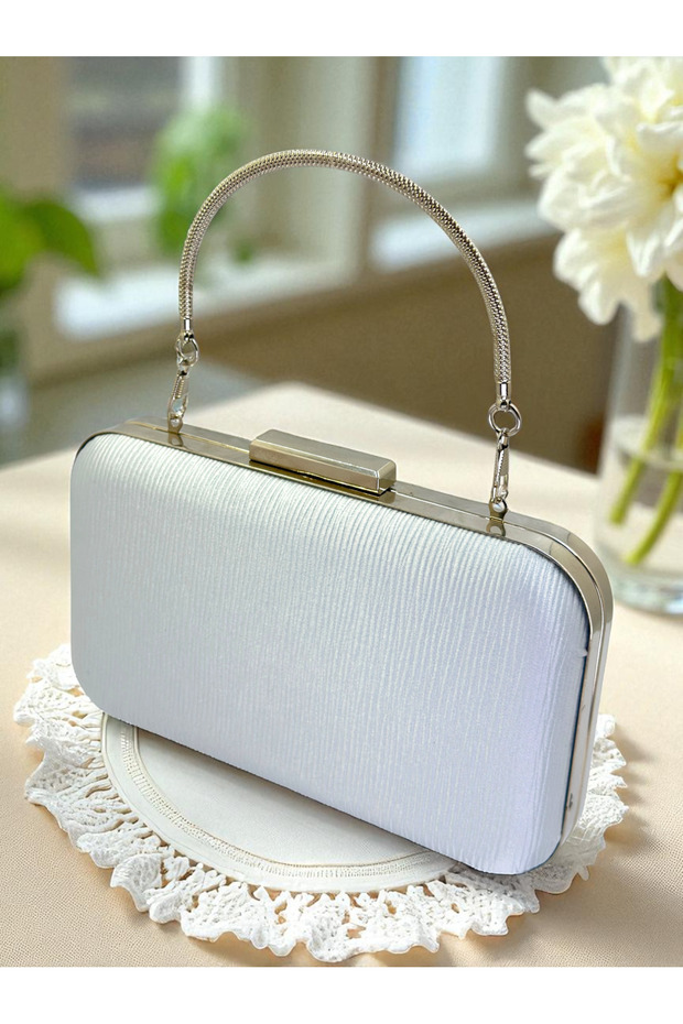 Silver Gray Lame Color Waterway Patterned Satin Women's Evening Dress Bag
