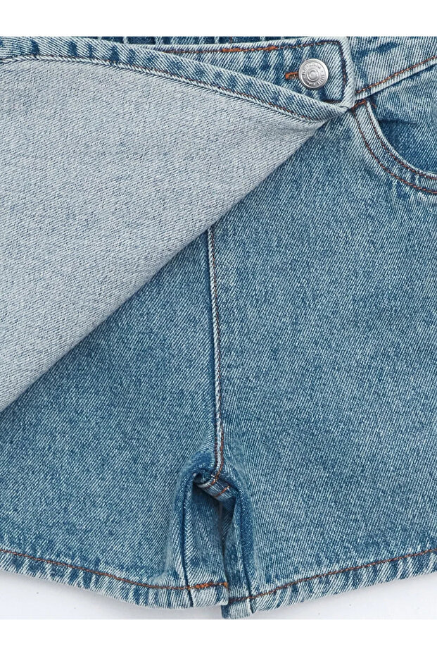 Beli Lastikli Kız Çocuk Denim Görünümlü Şort Etek - 3
