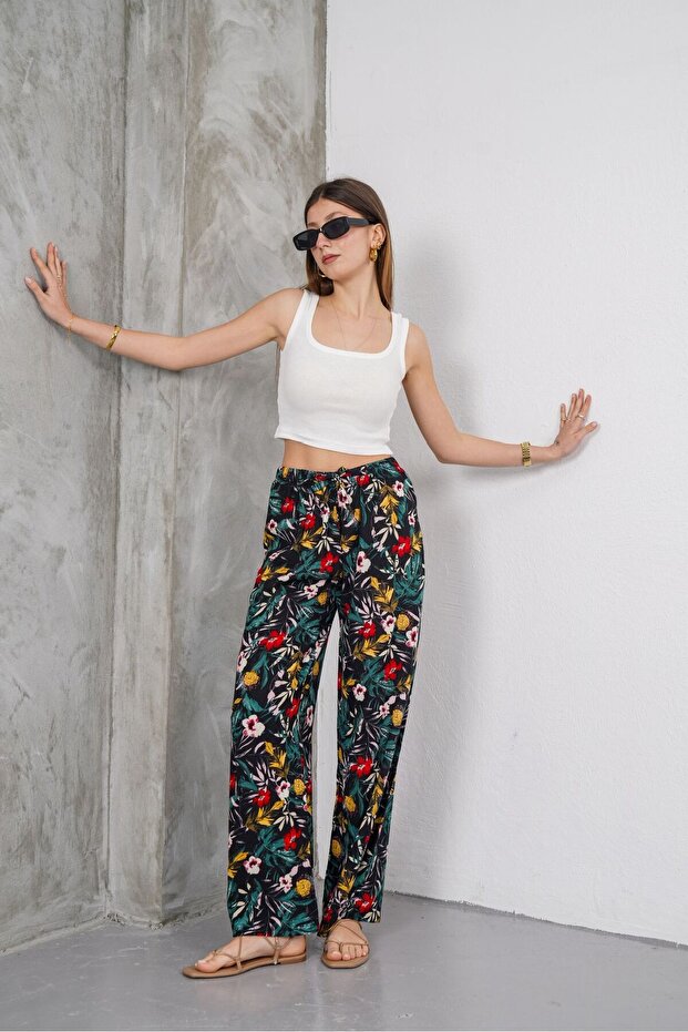 Women's Black Tropical Patterned Tie Detail Comfortable Cut Palazzo Viscose Trousers with Elastic Waist