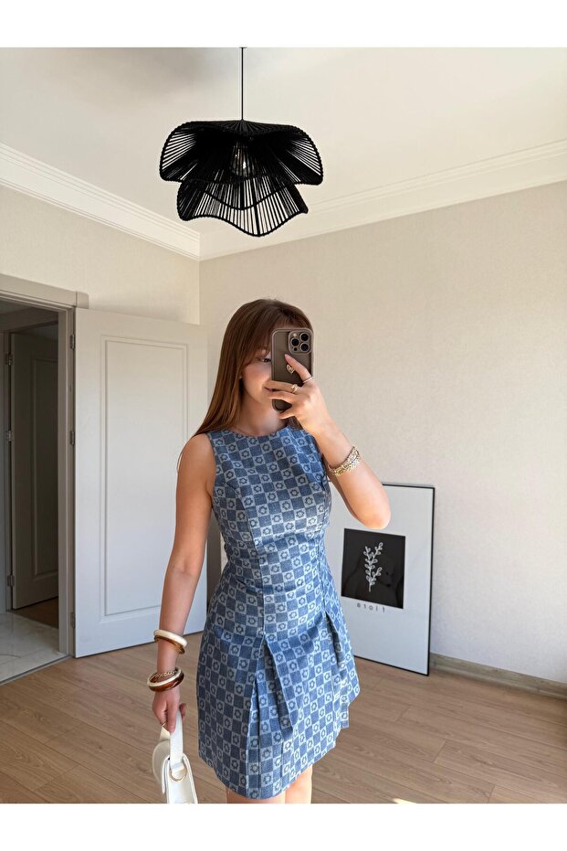 Desenli Mini Elbise İndigo - 3