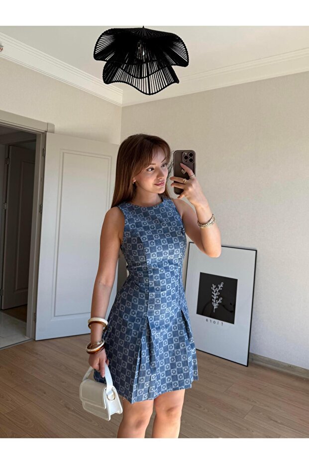 Desenli Mini Elbise İndigo - 5