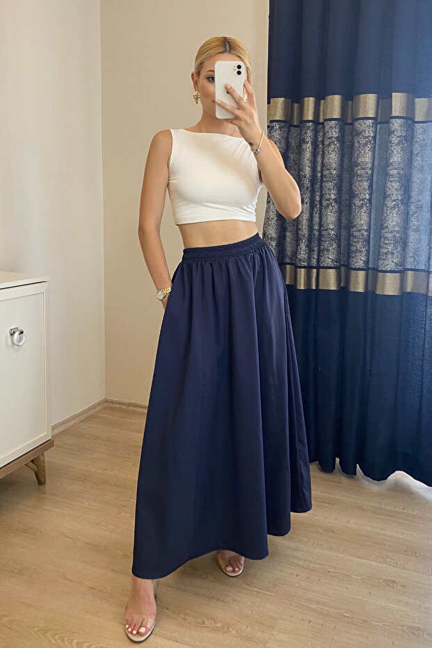 Long Poplin Skirt with Pockets and Elastic Waist