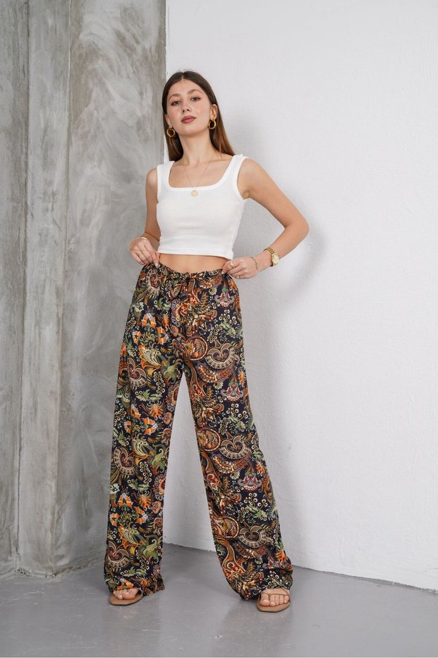Women's Black Orange Shawl Patterned Tie Detail Elastic Waist Relaxed Fit Palazzo Viscose Trousers