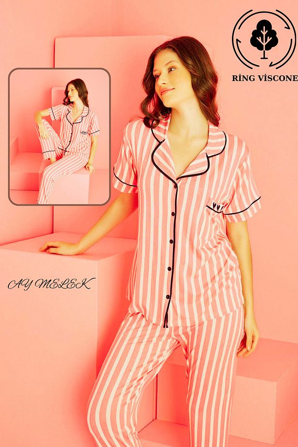 Kadın Pijama Takımı Ring Viscone Bambu Doku Gömlek ve Pijama Seti - 5