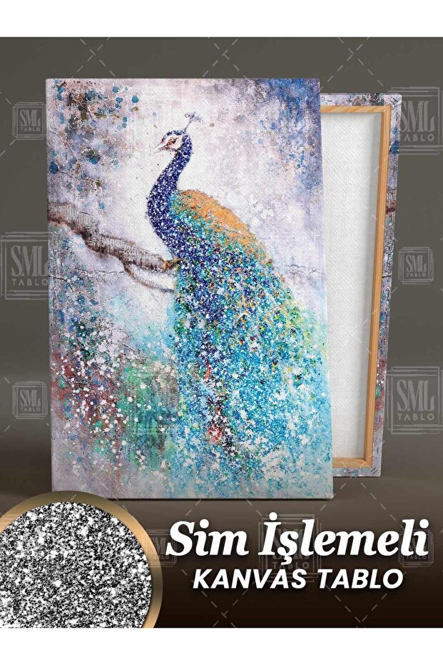 Sim İşlemeli Dala Konmuş Mavi Tavus Kuşu Art Hayvan Manzara Simli Dikey Kanvas Tablo - 3