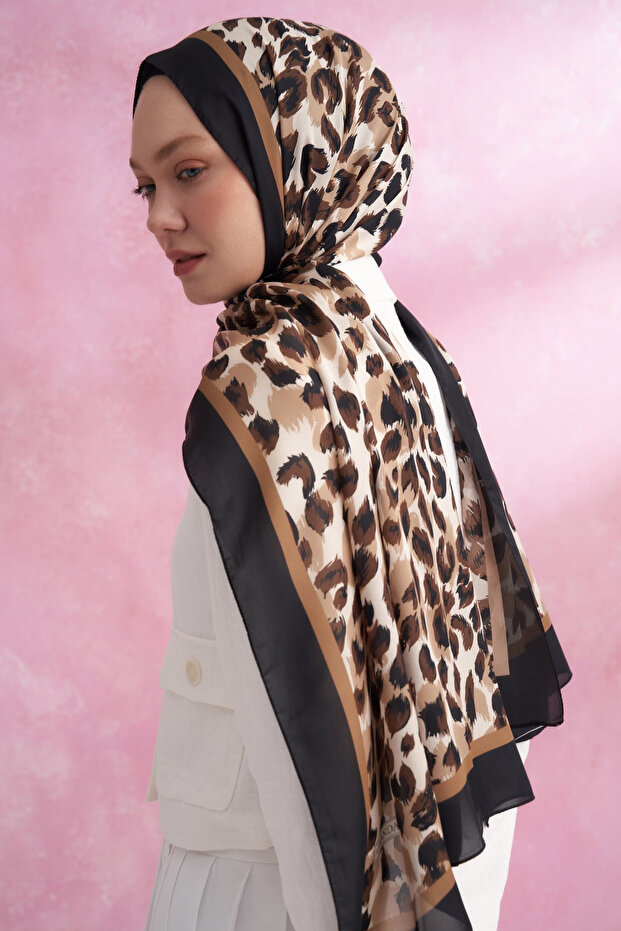 Multi Leopard Patterned Imported Voile Shawl - Black-Camel