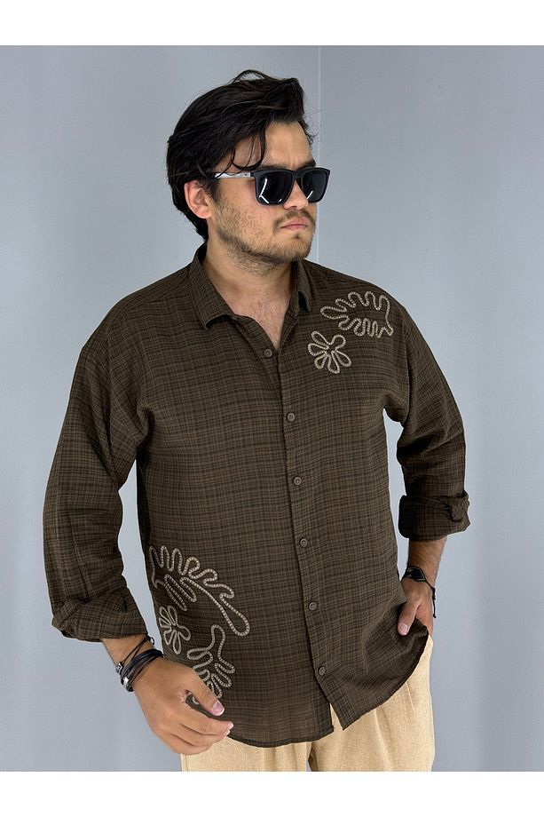 Kabartma Nakış Detaylı %100 Pamuk Oversize Gömlek (Kahve) - 3