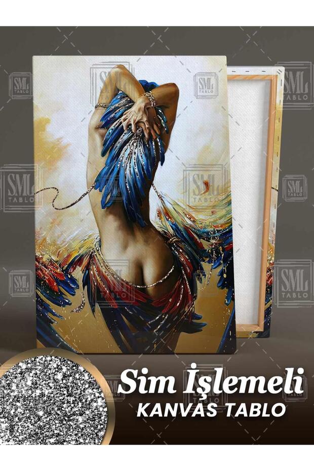 Sim Işlemeli Mavi Kuş Tüyü Saçlı Sırtı Dönük Çıplak Kadın Simli Dikey Kanvas Tablo - 2