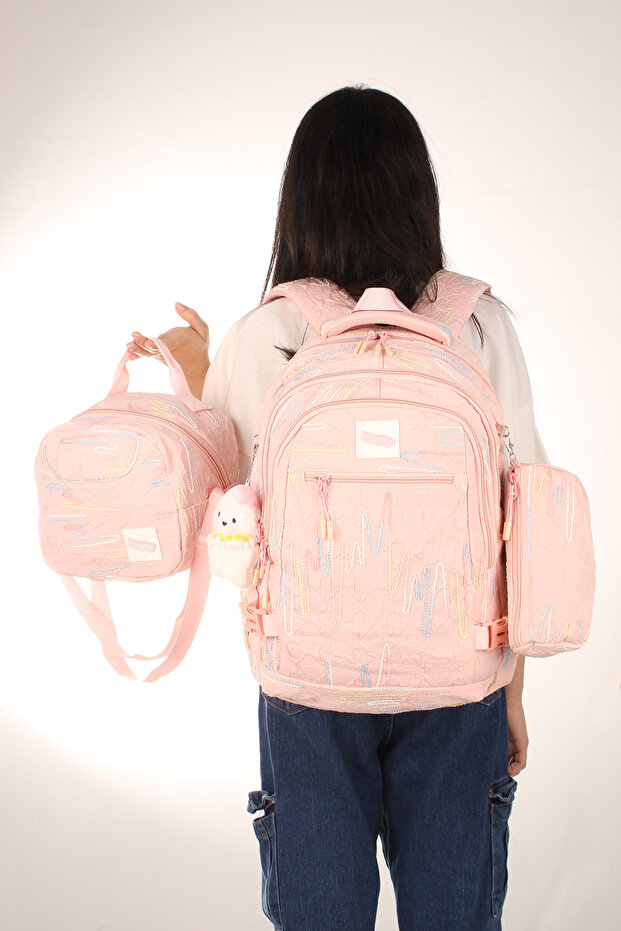Rlx-1430 Set of 3 Children's Middle School-Primary School Bag Backpack with Pen Holder and Lunch Bag Pink