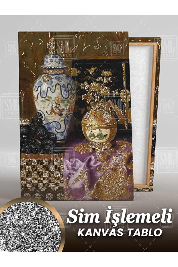 Sim İşlemeli Çini Vazo Ve İşlemeli Mor Örtü Antika Simli Dikey Kanvas Tablo - 3