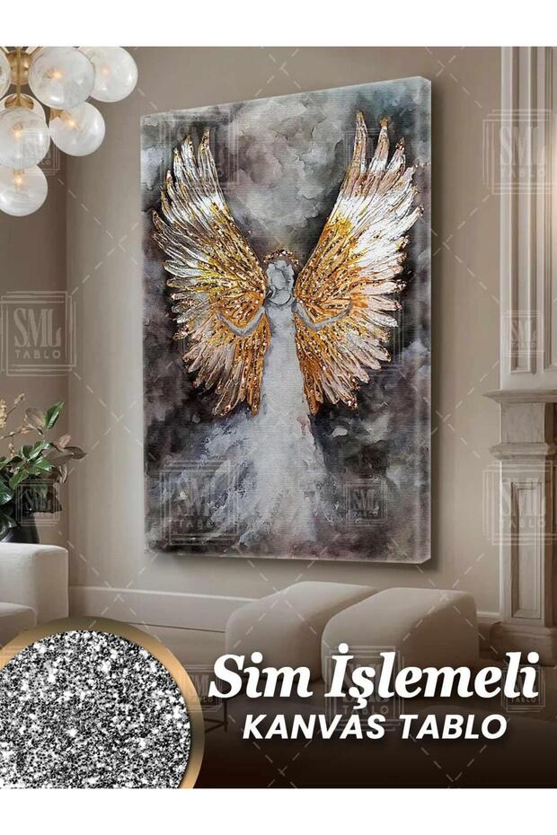 Sim İşlemeli Altın Kanatlı Melek Angel Soyut Abstract Simli Dikey Kanvas Tablo - 1
