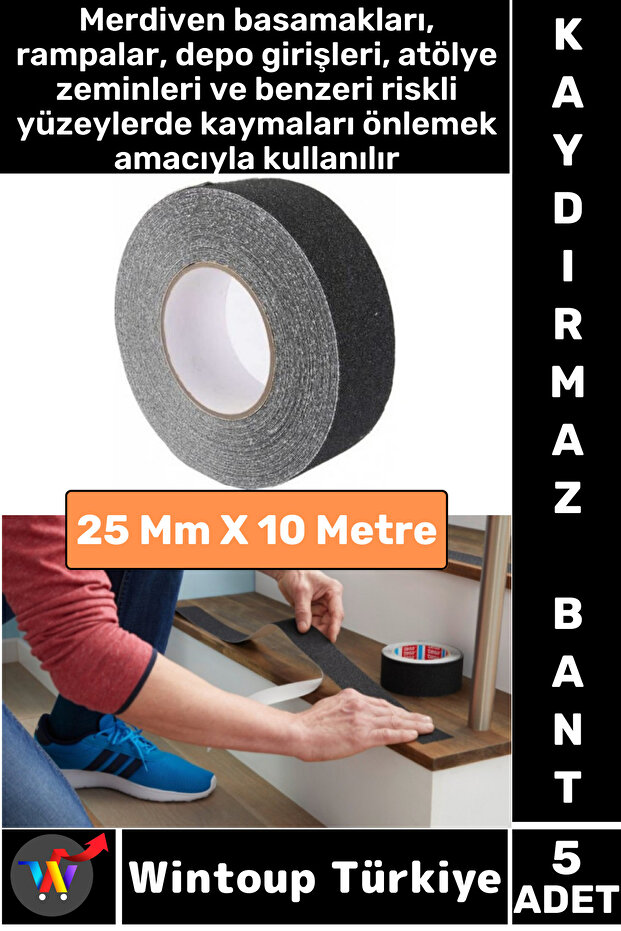 Ultra Güçlü Yapışkan İSG İş Yeri Kaygan Zemin Merdiven Siyah Kaydırmaz Bant 25 Mm X 10 Metre 5 Adet - 1