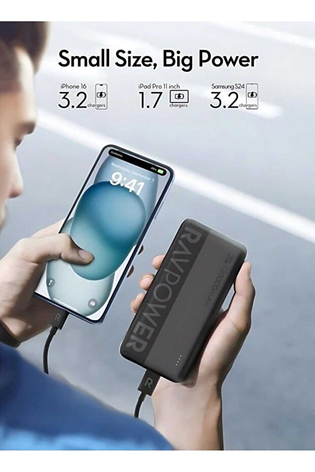 بنك طاقة 20000 مللي أمبير/ساعة 20 وات منفذان من النوع C ومنفذ USB-A وشاشة LED ذكية تصميم مضغوط أسود - 3