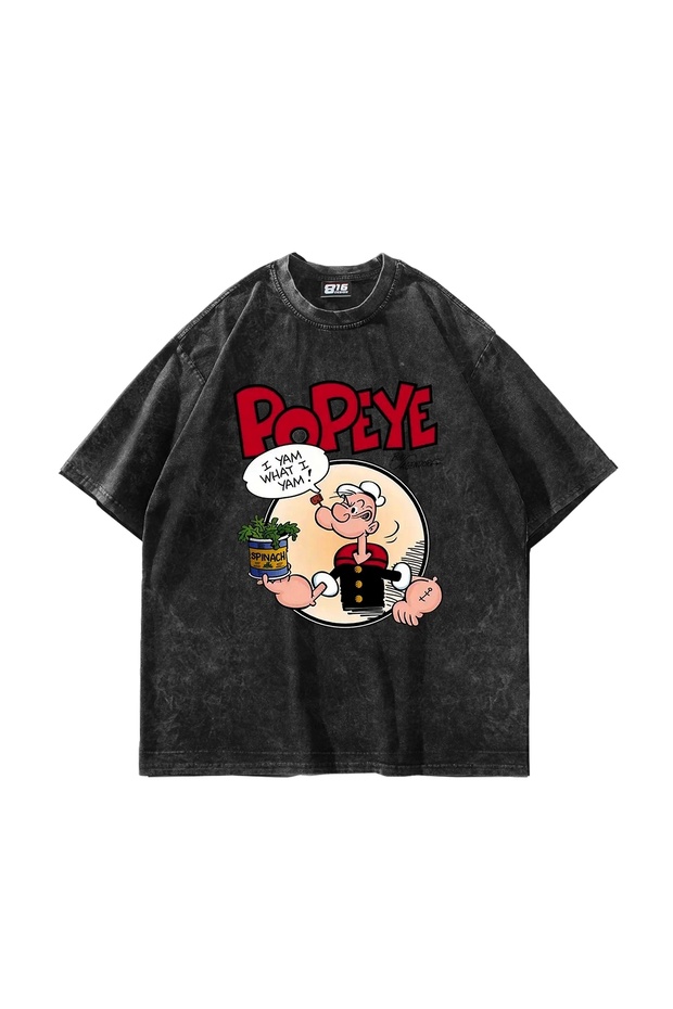 Popeye Printed Oversize Unisex Washable Black Tshirt