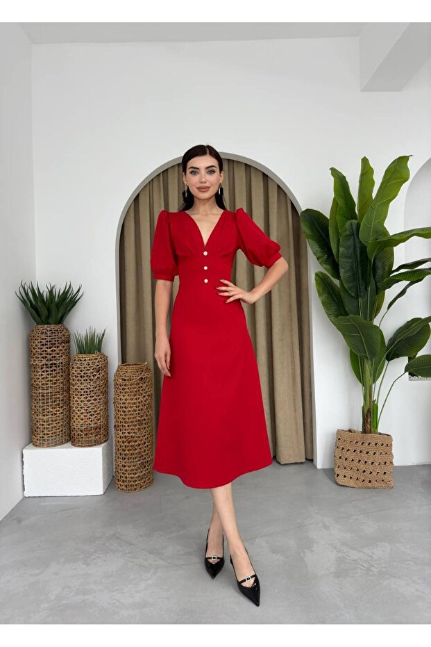 Women's V-Neck Balloon Sleeve Button Detailed Midi Length Dress