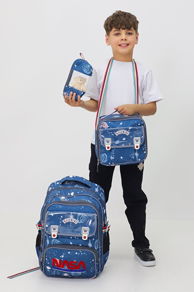 3-Piece Children's School Set Nasa Themed Backpack Lunch Box Pencil Case Primary School Set New Season