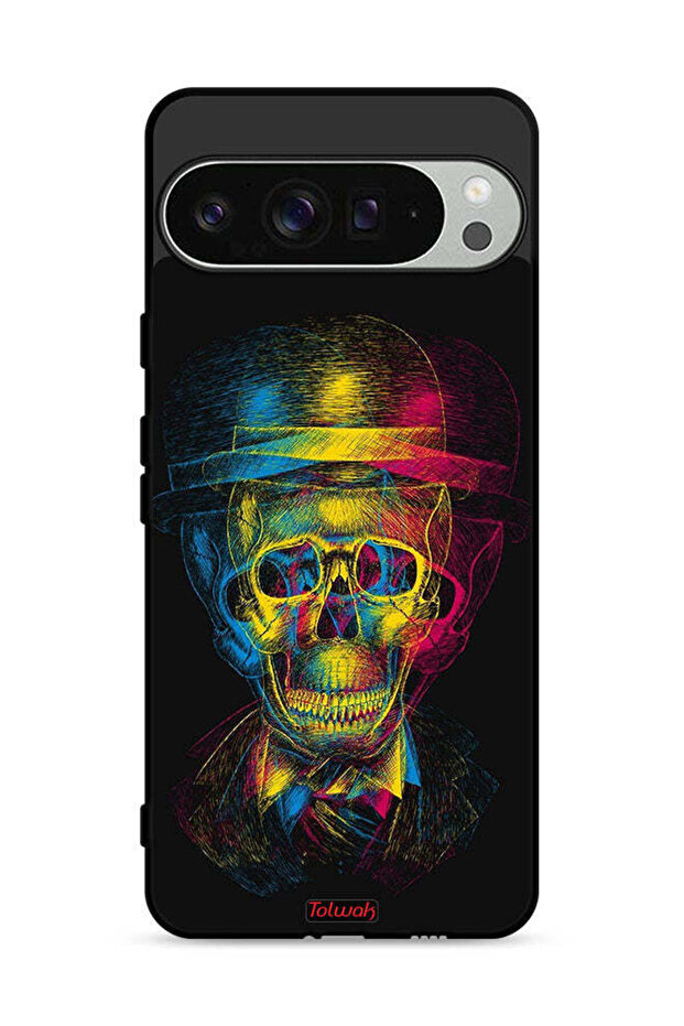 غطاء حماية لجهاز Google Pixel 9 Pro بتصميم جمجمة وقبعة ملونة وفن خيالي
