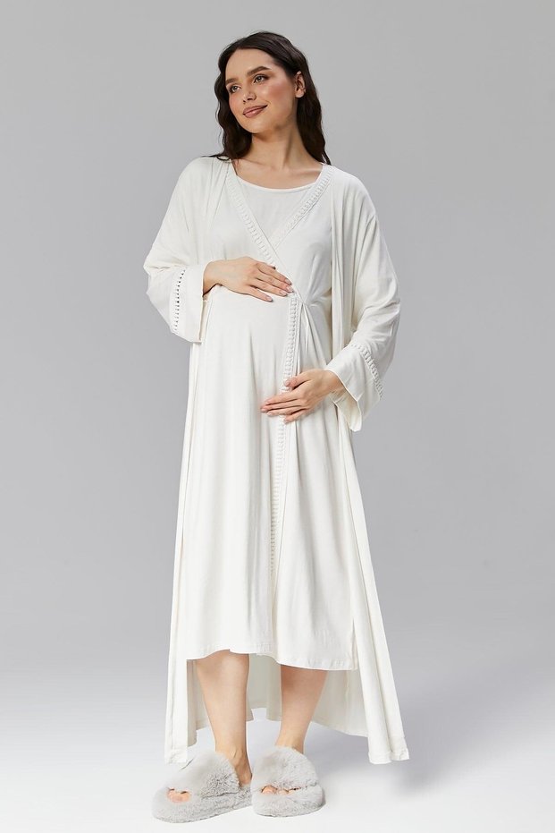 Women's Ecru Special Design Full Length 100% Cotton Summer Maternity Maternity Dressing Gown Nightgown Set