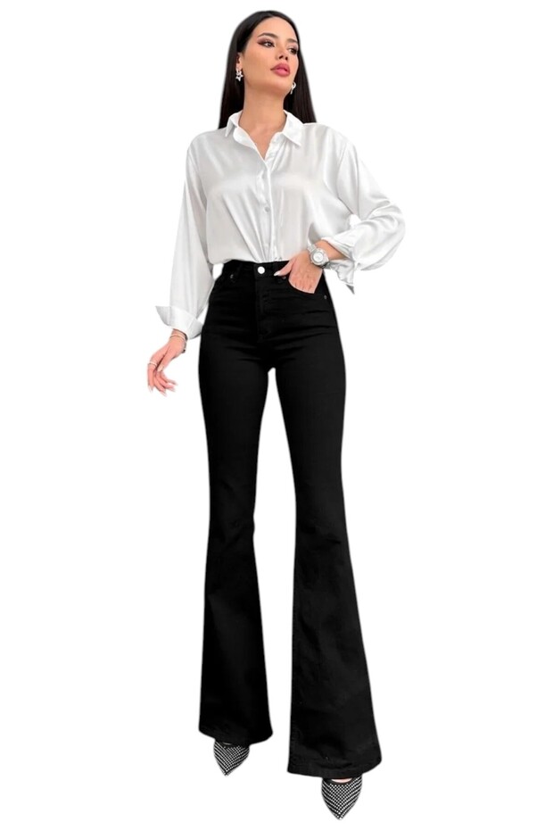 Ninsatapa Spanish Leg Colorfast Black Stretchy High Waist Denim Pants