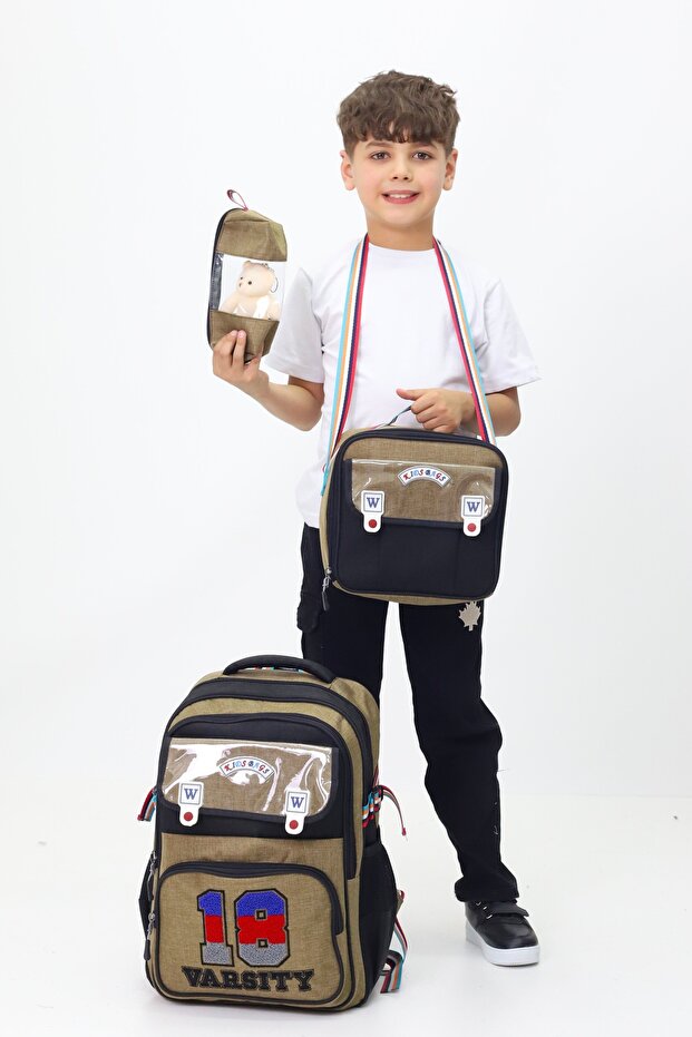 18 Varsity 3-Piece School Bag Backpack Lunchbox Pen Holder Primary School Plush Toy Gift