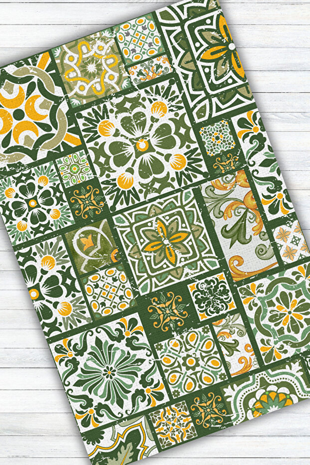 Patchwork Seramik Desenli Dokuma Taban Dijital Baskılı Yııkanabilir Çini Desenli Yeşil Salon Halısı - 4