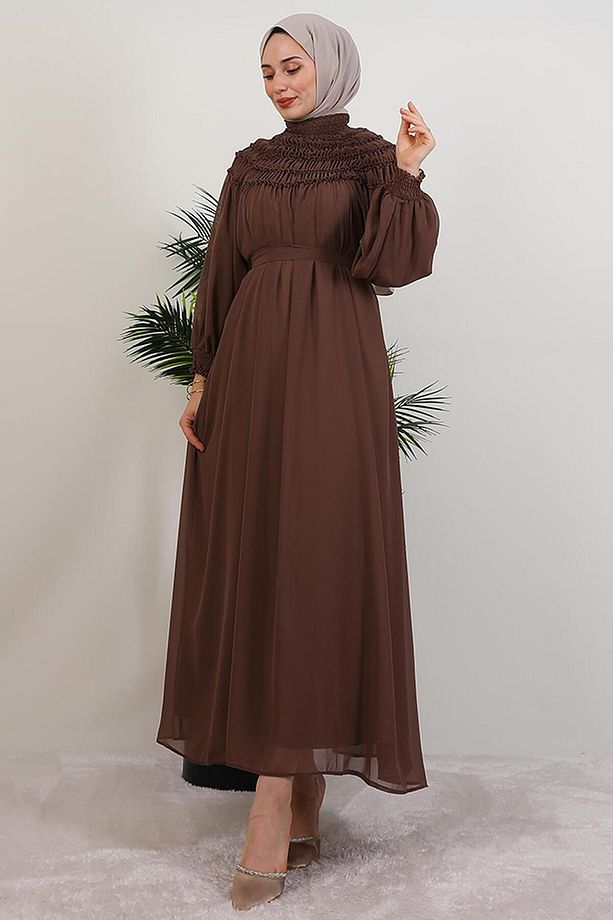 Gipe Detay Şifon Elbise Kahve - 3