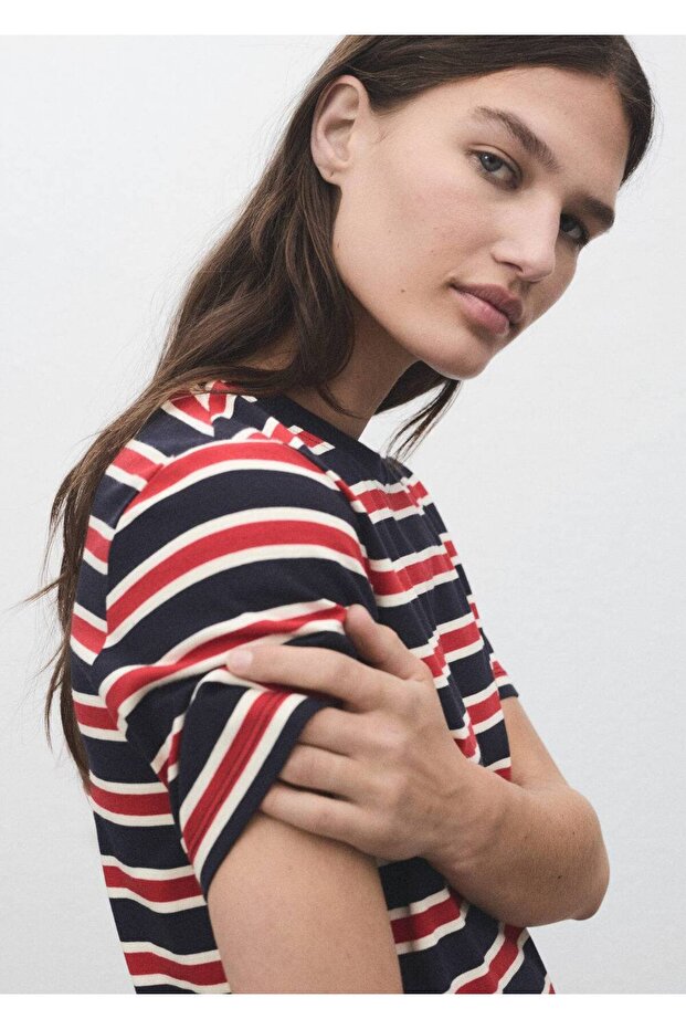 Pamuklu çizgili tişört - 7