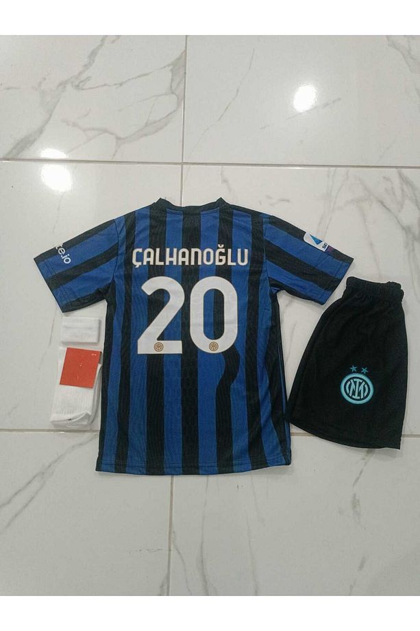 inter hakan ç.a.lhanoğlu çubuklu çocuk takım forması 4lü set forma+şort+çorap+bileklik - 3
