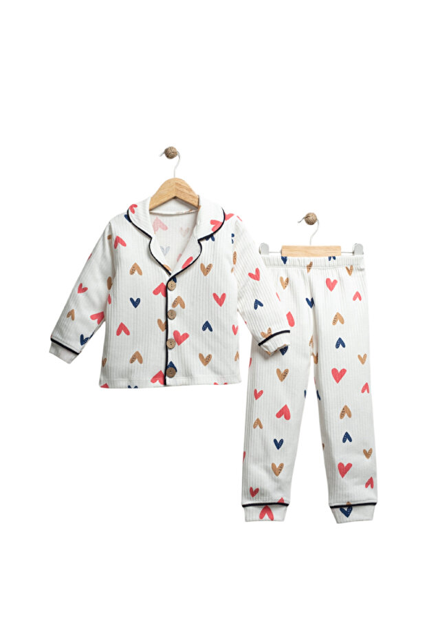 Colorful Heart Printed Piping Pajamas Set