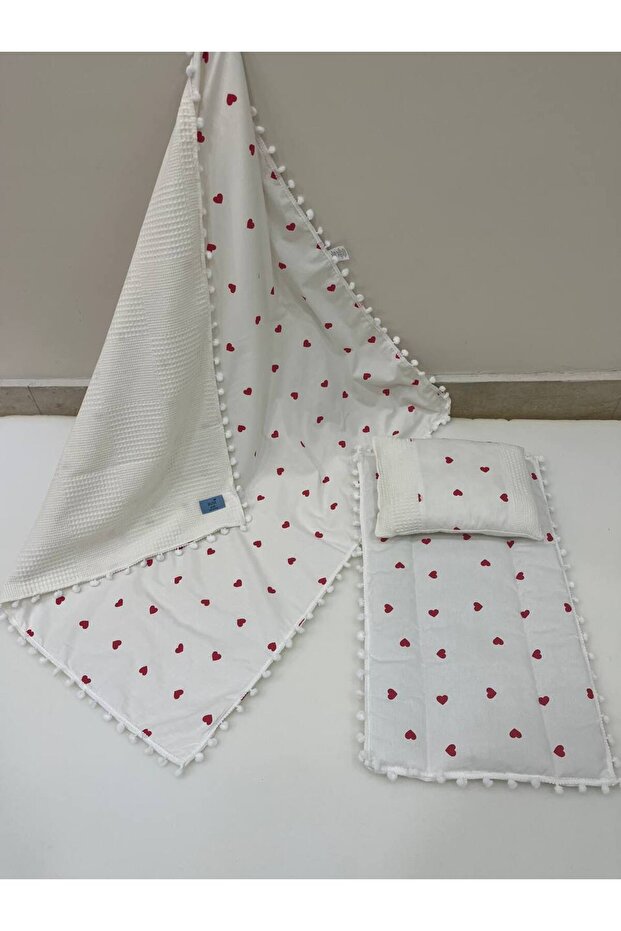 Poplin Fabric and Pompom Bottom Cover, Pillow and Blanket Set of 3