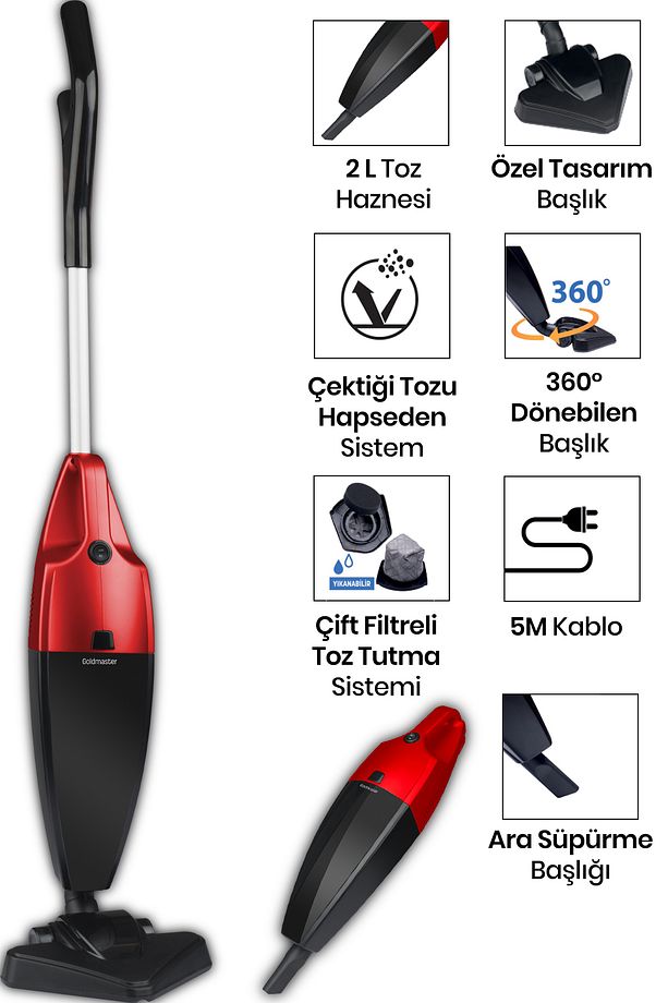 Vakum 2 Litre Geniş Hazneli 800 Watt Yıkanabilir Filtreli 2 In 1 Dikey Ve Elde Elektrikli Süpürge - 1