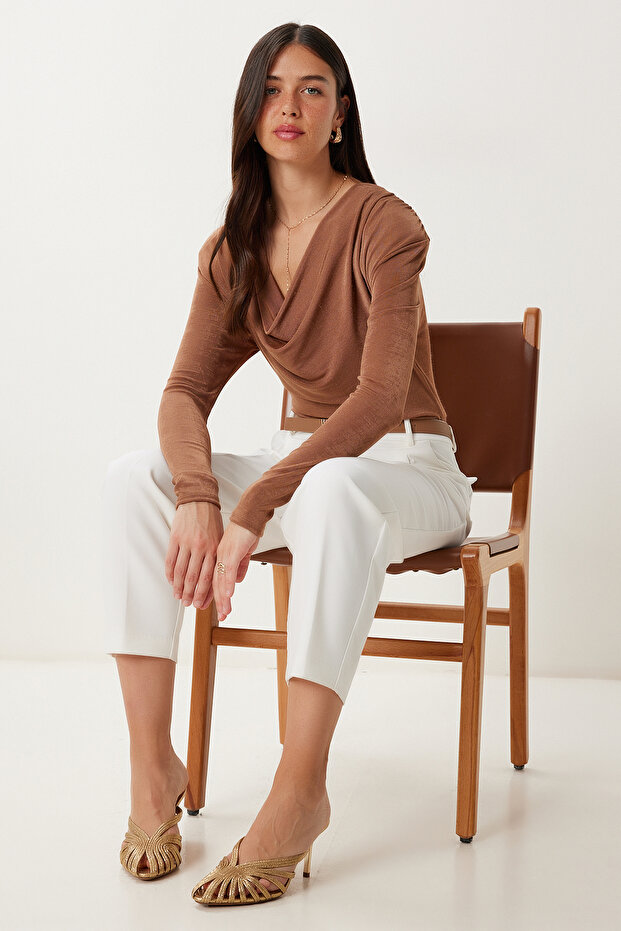 Women's Brown Padded Degaje Collar Knitted Blouse Rc00163