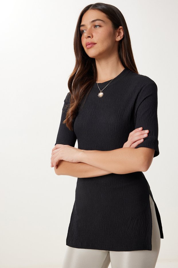 Women's Black Slit Bürmecük Knitted Blouse Dd01378
